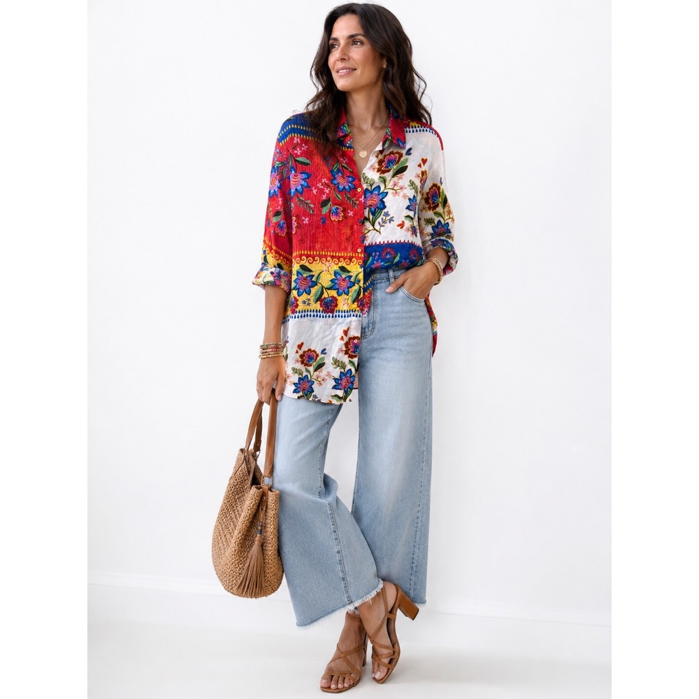 Johnny Was Floral Button Down Tunic Large Red Blue Patchwork Boho Cover up dress
